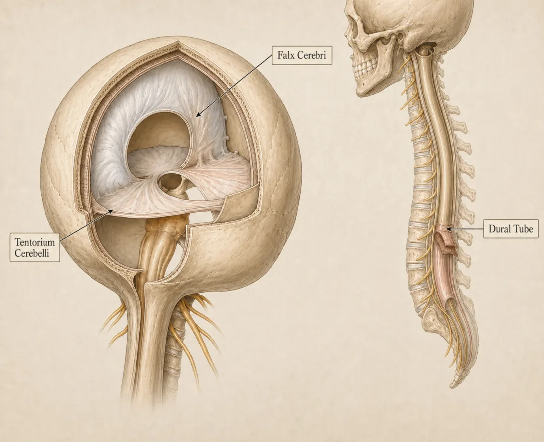 Dura mater — kallosta sakrumiin